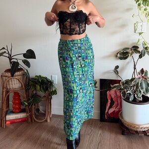 vintage green maxi skirt maximalist retro indie geometric pattern